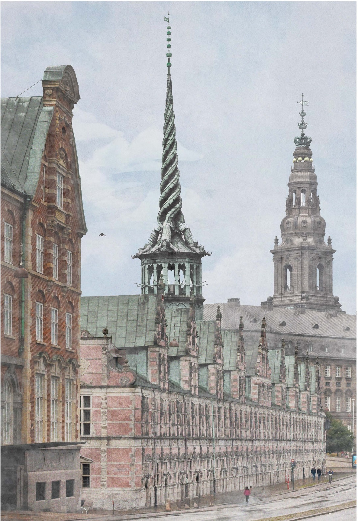 Visualisering / ny ankomst og variasjon i filset fasade etter brannen