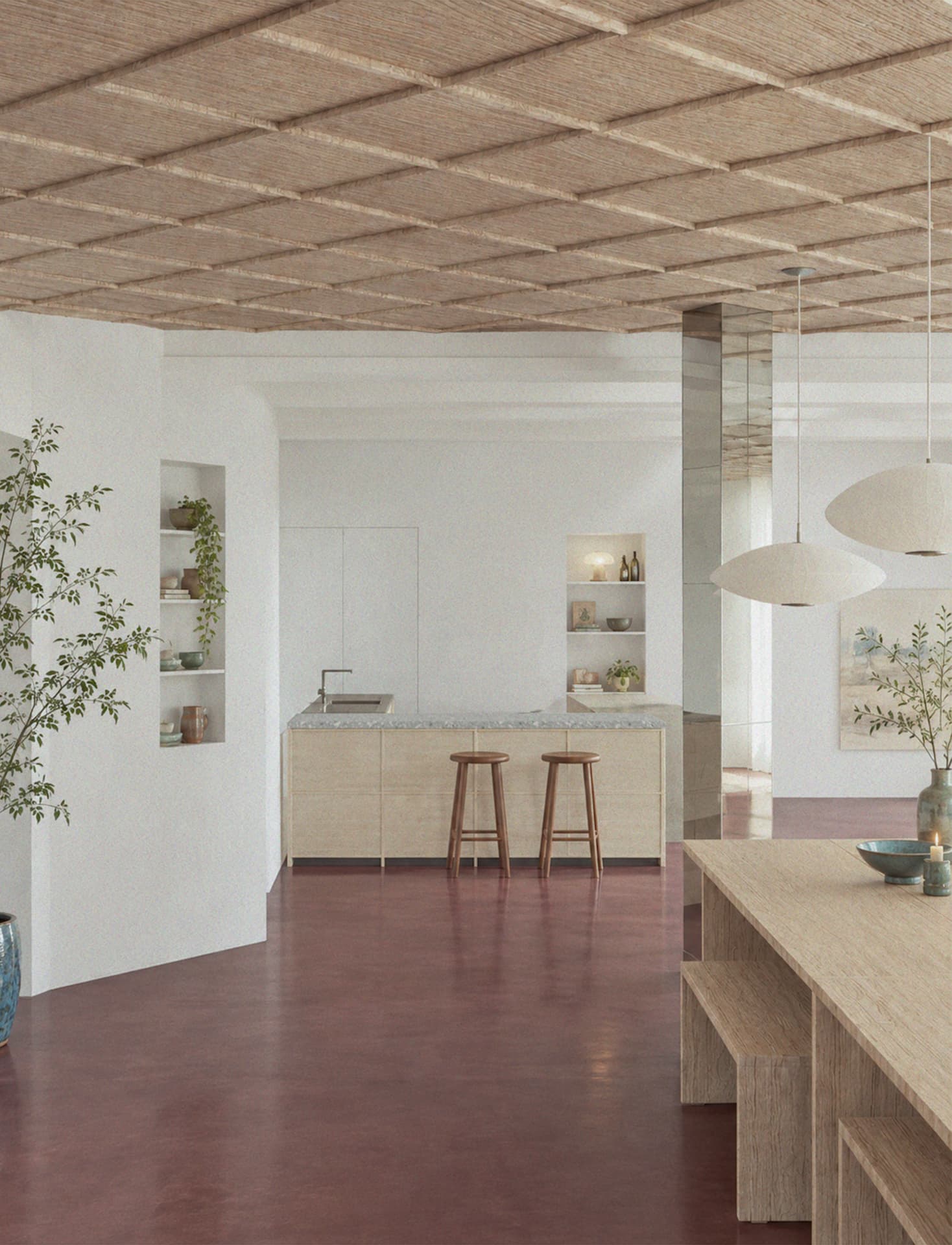 Visualisering / restaurant i 1. etasje, interiør inspirert av arkivtegninger