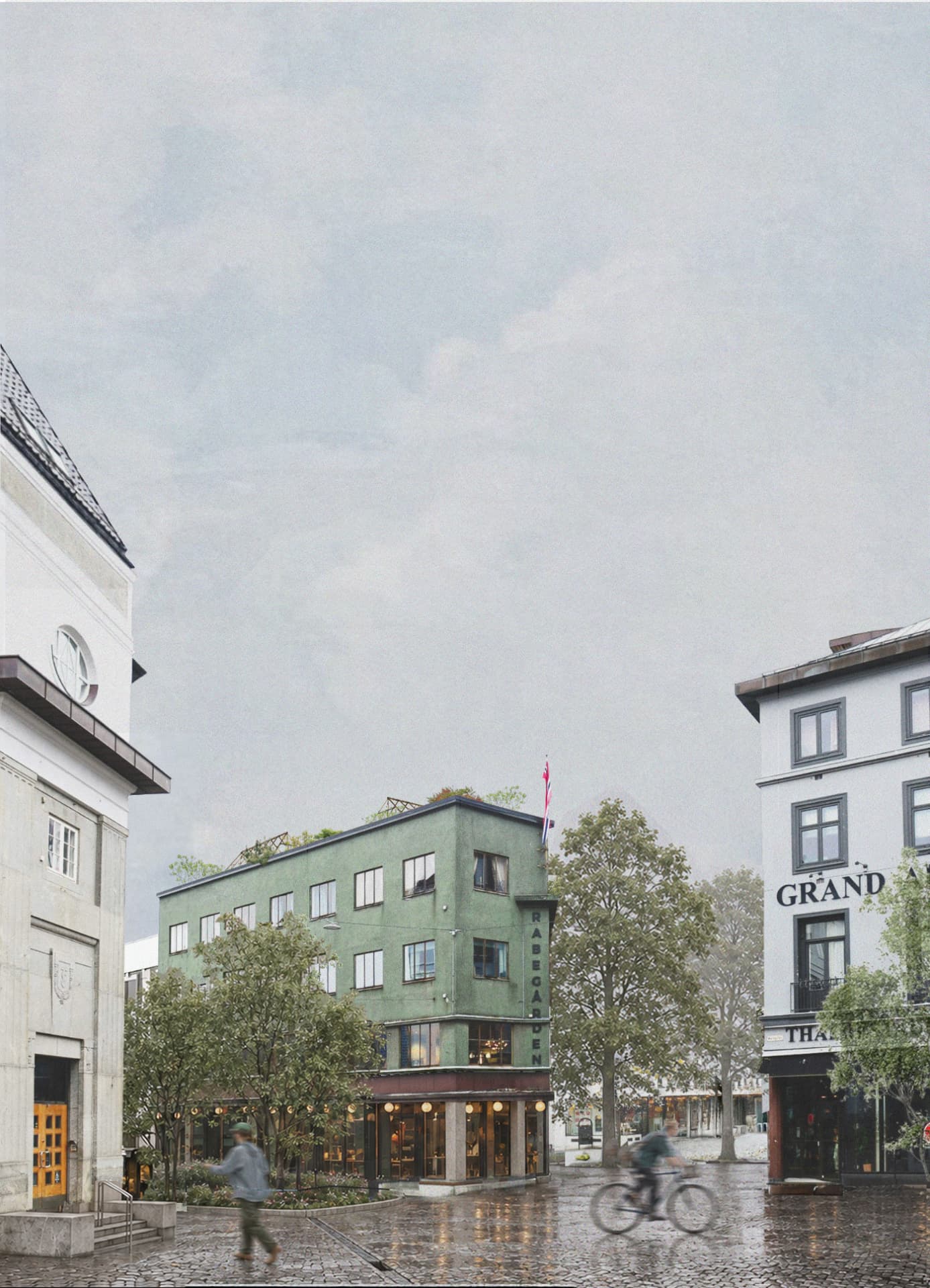 Visualisering / grønn fasade mot torvet i Tønsberg