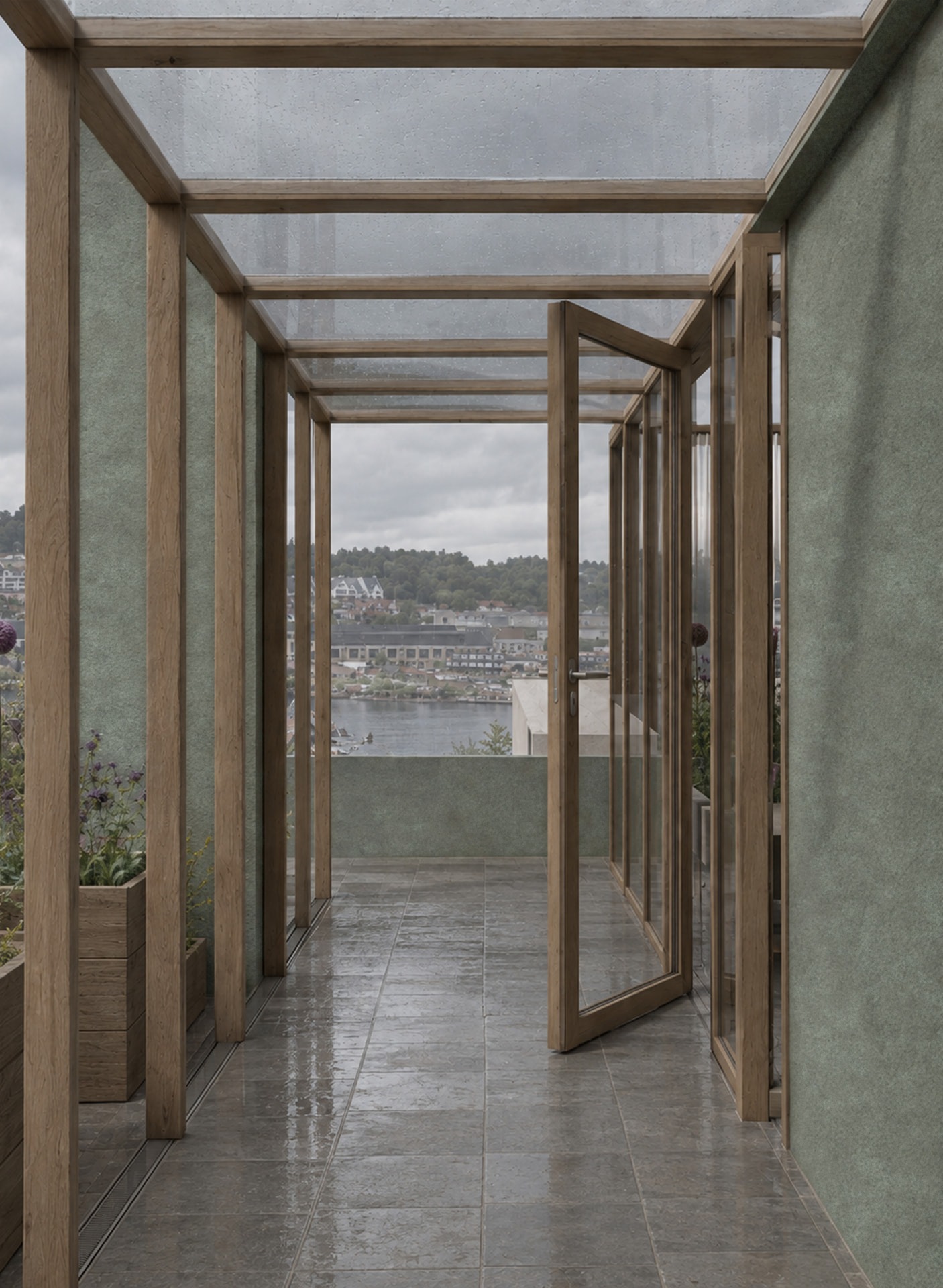 Visualisering / takterrass med pergola og utsikt mot Tønsberg